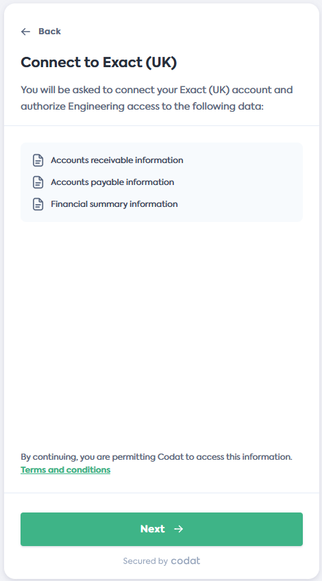 Capture d'écran de l'écran Se connecter  à Exact du flux Link de Codat.