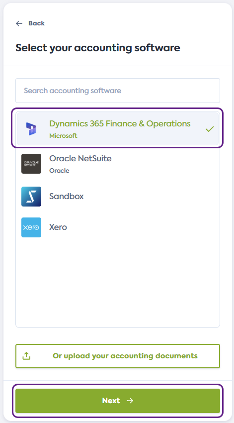 Capture d'écran de l'écran Sélectionnez votre logiciel de comptabilité du flux de lien de Codat. Il affiche une liste d'intégrations. La tuile Dynamics 365 Finance &amp; Operations est en surbrillance. Le bouton Suivant est également en surbrillance.