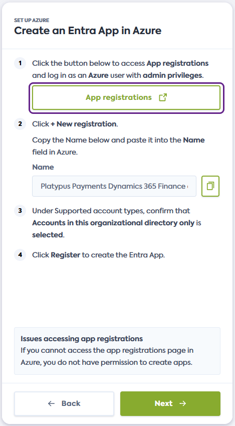 Capture d'écran de l'étape Créer une application Entra du flux Dynamics 365 F&amp;O. Le bouton de lien qui indique App registrations est encadré en gras.
