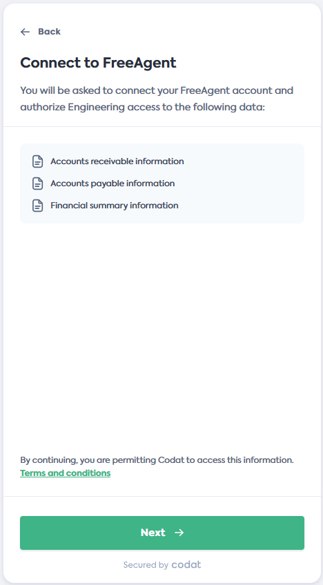Capture d'écran de l'écran Se connecter à FreeAgent du flux de lien de Codat.