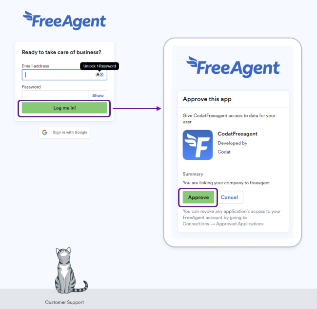 Capture d'écran de deux écrans de l'interface FreeAgent demandant un identifiant et un mot de passe et une approbation pour connecter une application. Une flèche relie les captures d'écran.