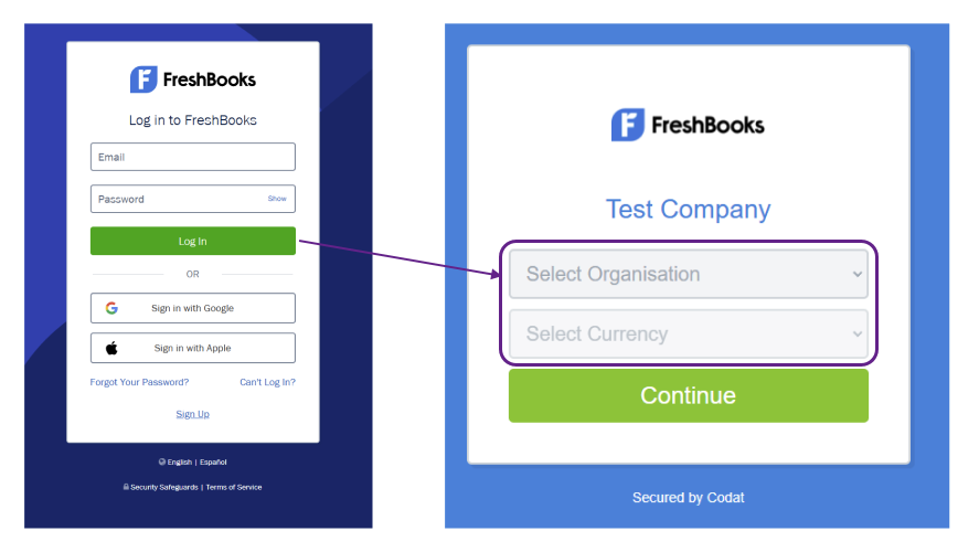 Capture d'écran de deux écrans de l'interface FreshBooks demandant un identifiant et un mot de passe et un menu déroulant de sélection d'entreprise et de devise. Une flèche relie les captures d'écran.