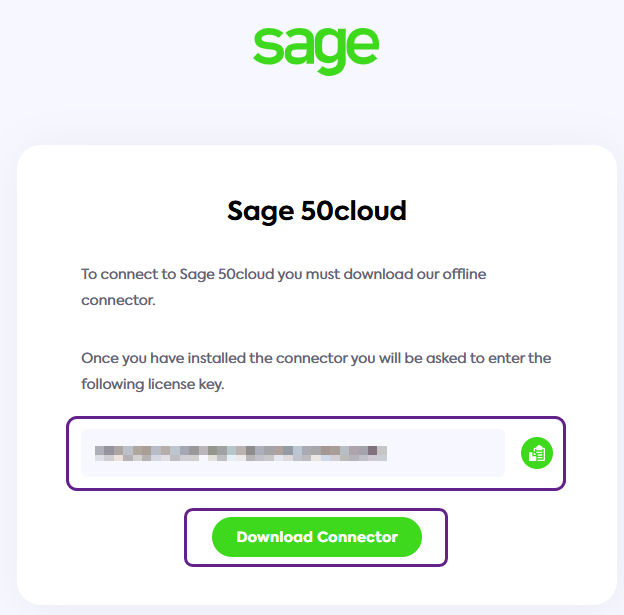 Screenshot of the installation window of the Sage 50 connector.