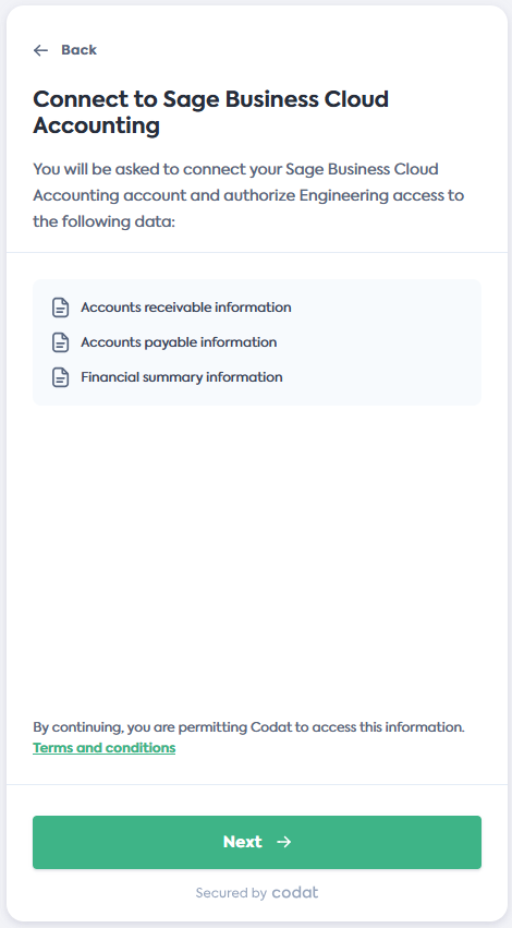 Capture d'écran de l'écran Se connecter à Sage Business Cloud du flux de lien de Codat.