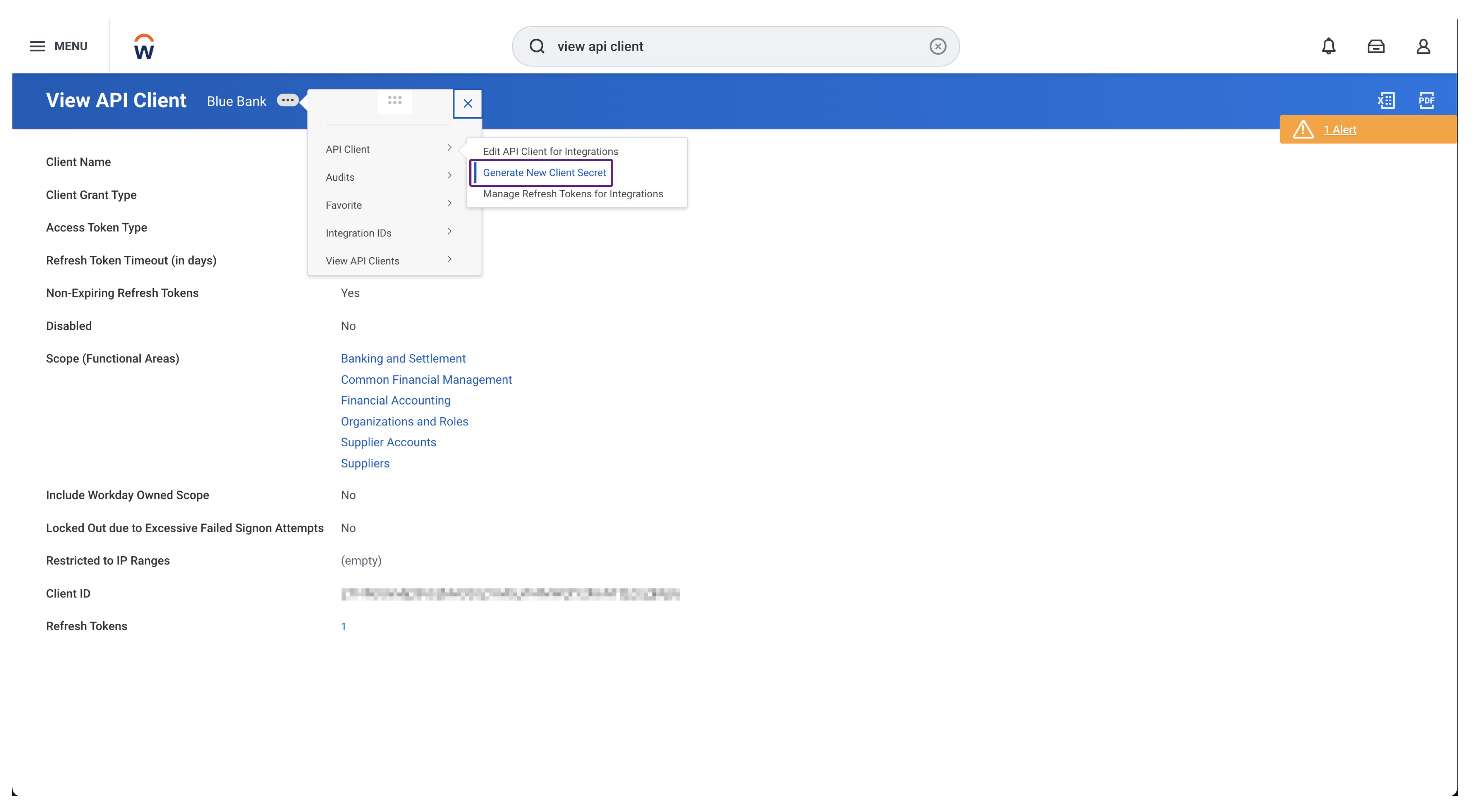Capture d'écran de l'interface de Workday affichant l'emplacement de Generate New Client Secret dans la section Related Actions de la boîte de dialogue View API Client.