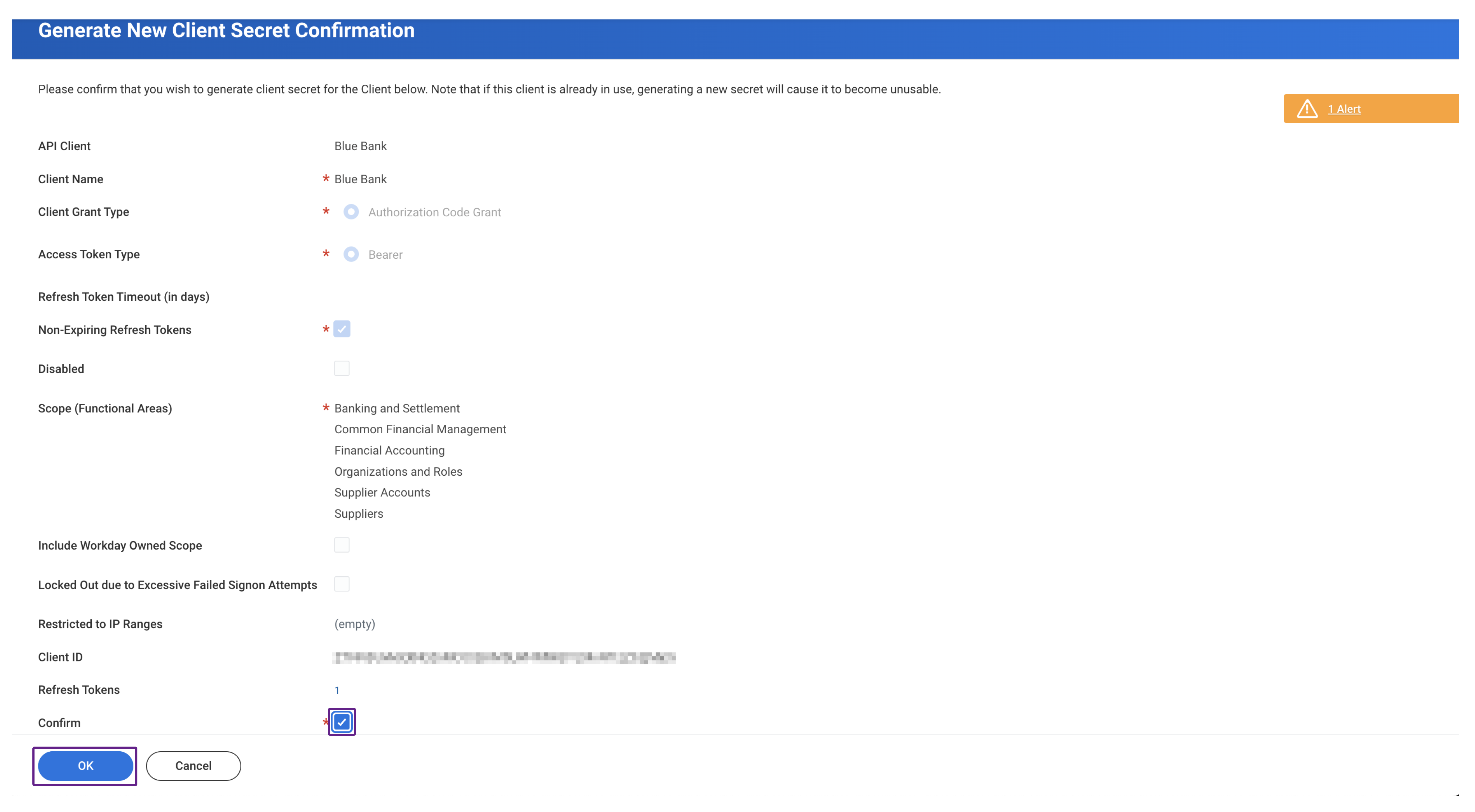 Capture d'écran de l'interface de Workday affichant la boîte de dialogue Generate New Client Secret Confirmation avec la case Confirm cochée.