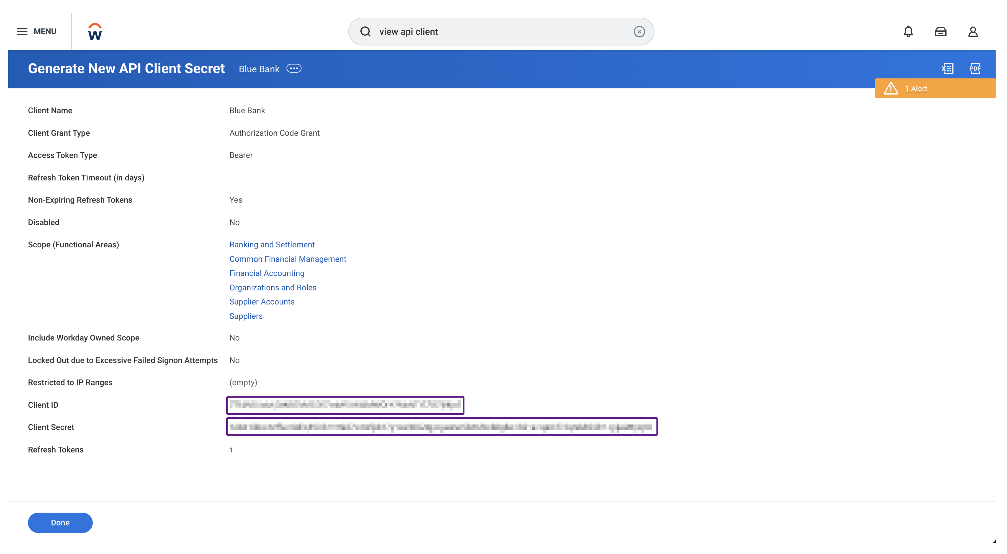 Capture d'écran de l'interface de Workday affichant le rapport View API Clients avec la ligne du point de terminaison de l'API REST Workday encadrée.