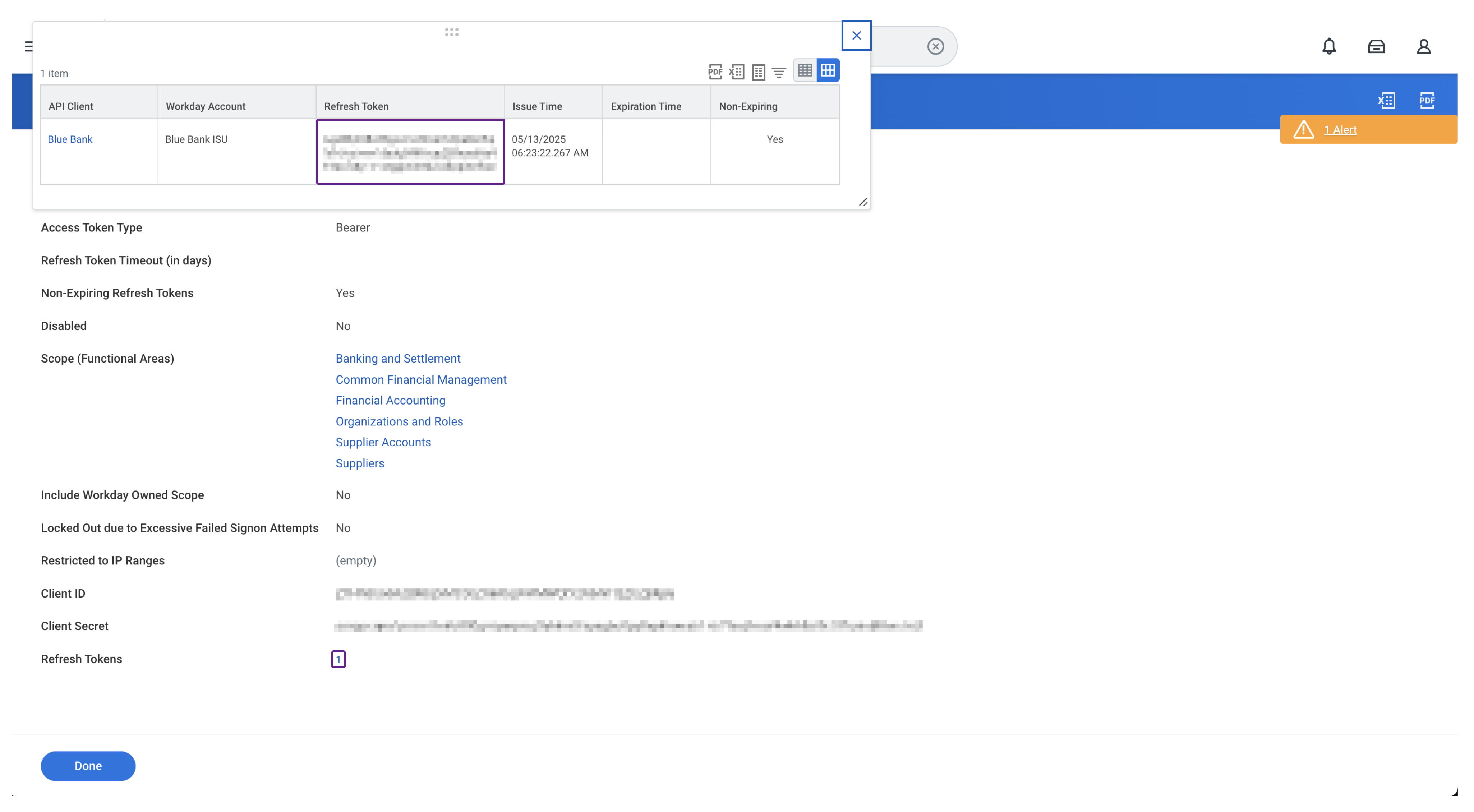 Capture d'écran de l'interface de Workday affichant le rapport View API Clients avec la ligne Refresh Token encadrée.