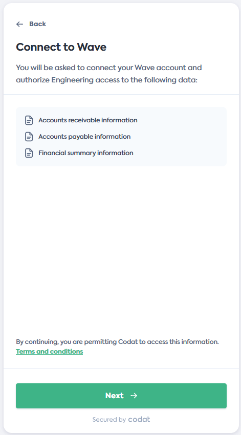 Capture d'écran de l'écran Se connecter à Wave du flux de lien de Codat.