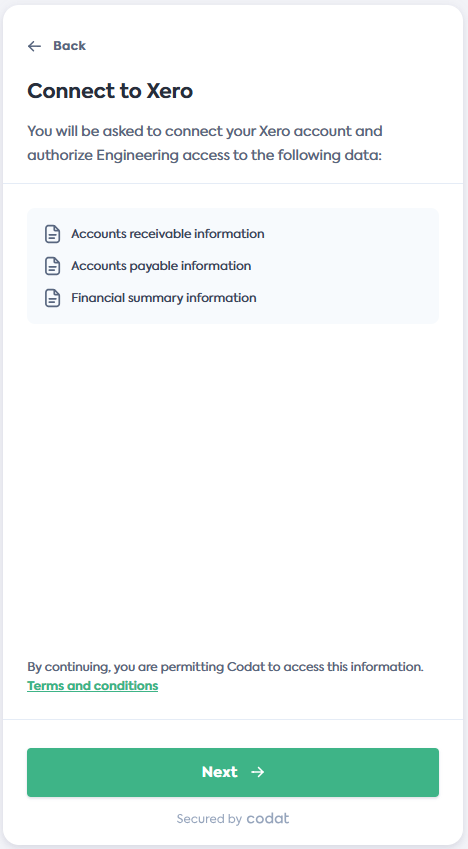Capture d'écran de l'écran Se connecter à Xero du flux de lien de Codat.