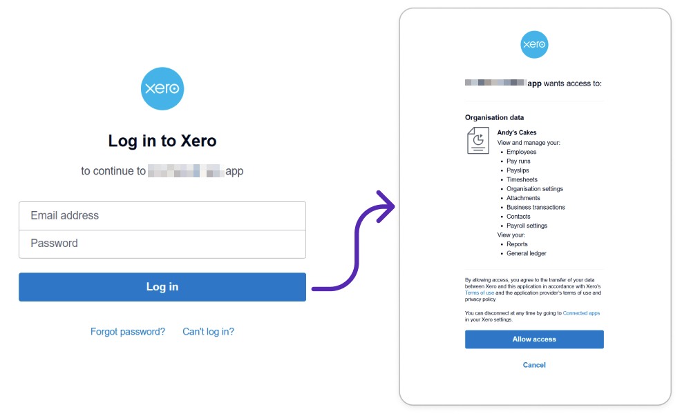 Capture d'écran de deux écrans de l'interface Xero demandant un identifiant et un mot de passe et une approbation pour connecter une application. Une flèche relie les captures d'écran.