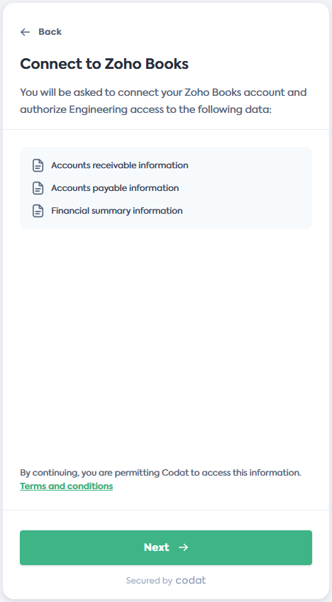 Capture d'écran de l'écran Se connecter à Zoho Books du flux de lien de Codat.